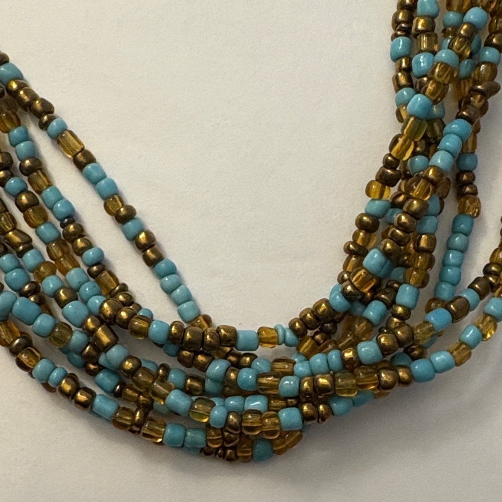 Turquoise, Amber & Brass Multi-Strand Beaded Necklace - Women Jewelry | 36”